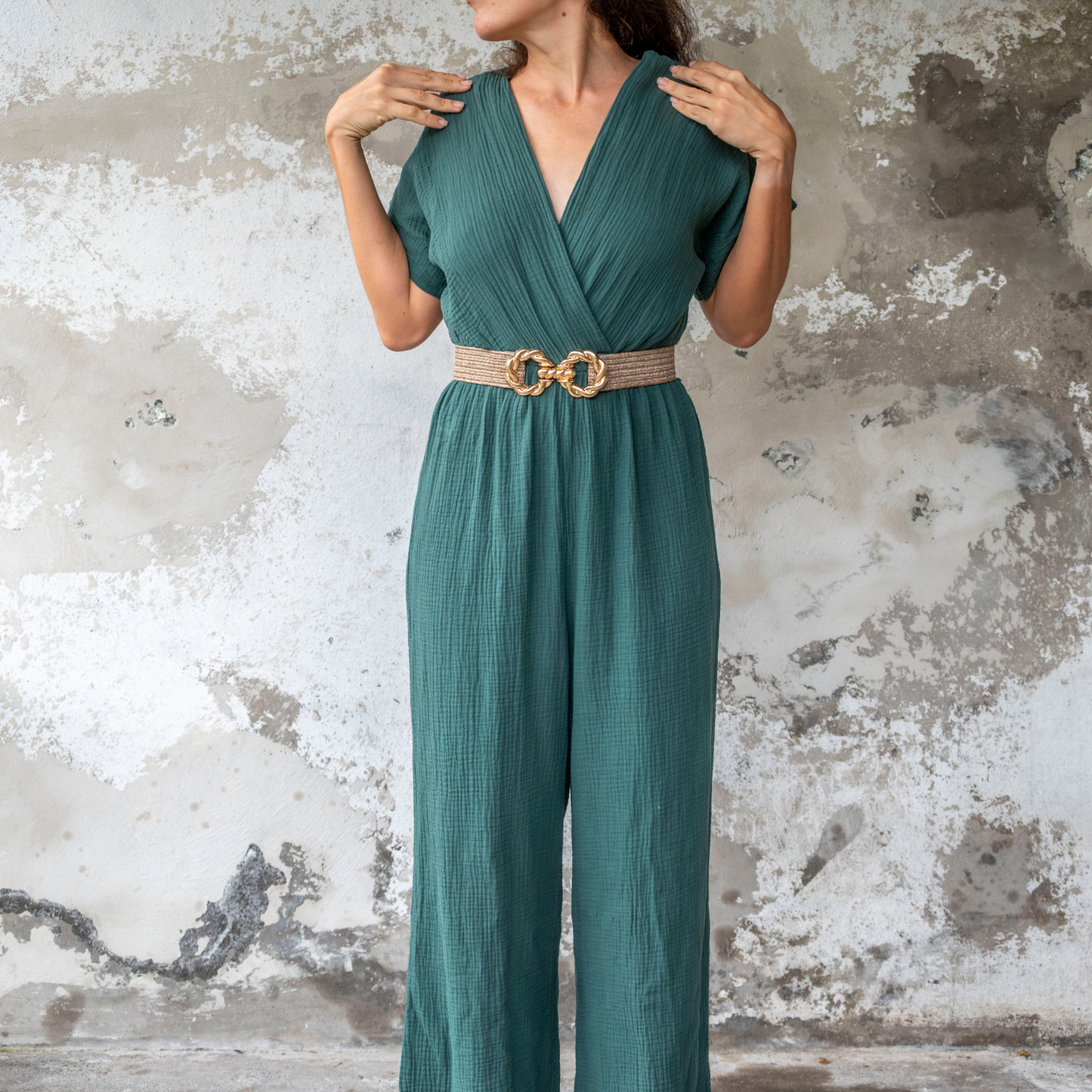 Combinaison pantalon gaze de coton vert sapin GAÏA