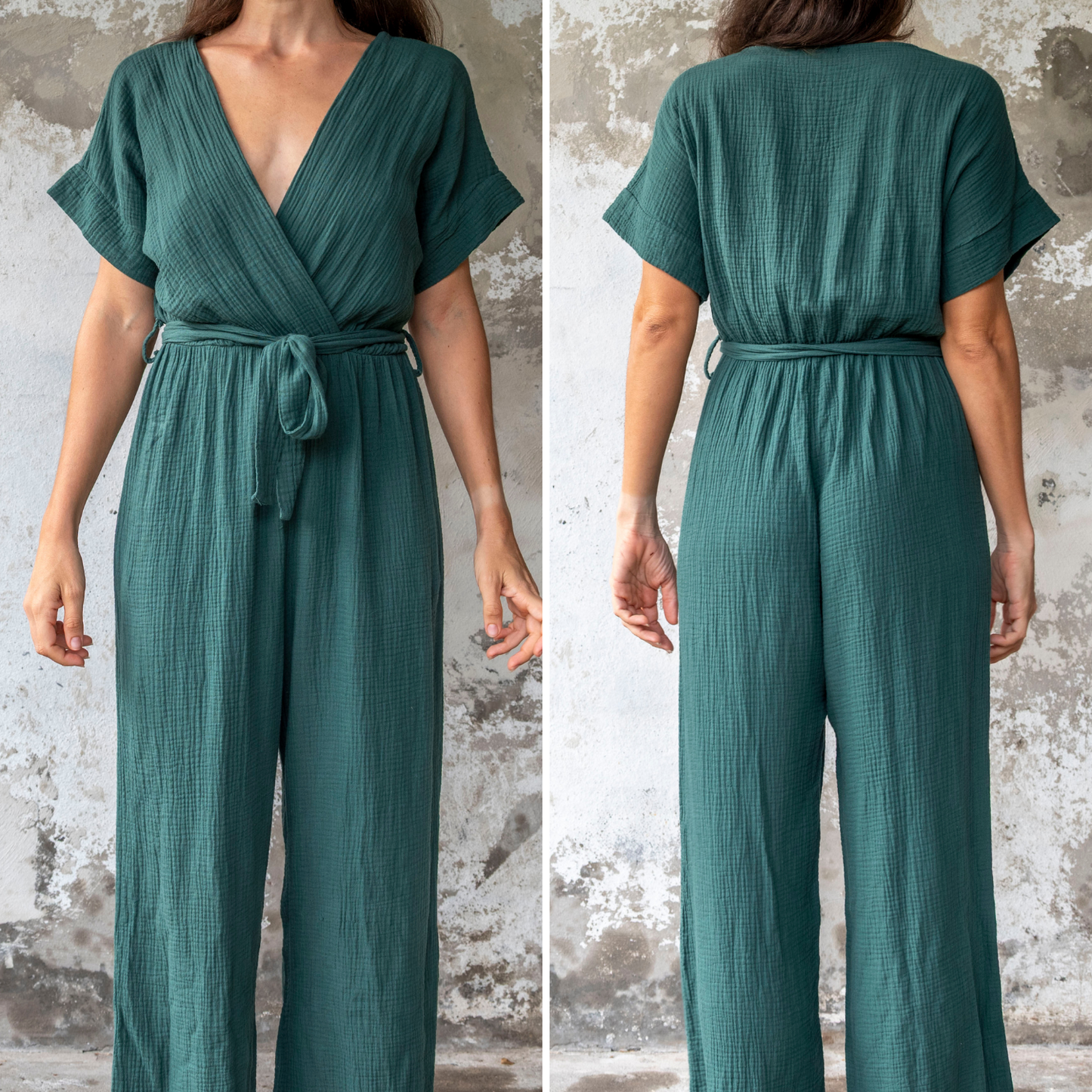 Combinaison pantalon gaze de coton vert sapin GAÏA