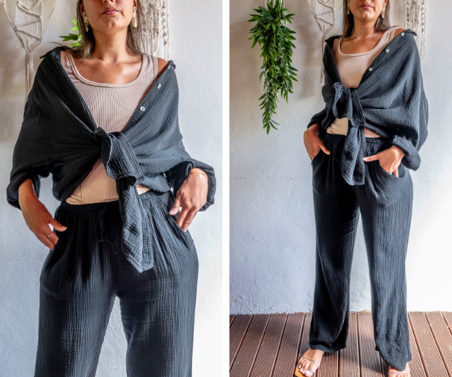 Ensemble pantalon gaze de coton noir LEONIE