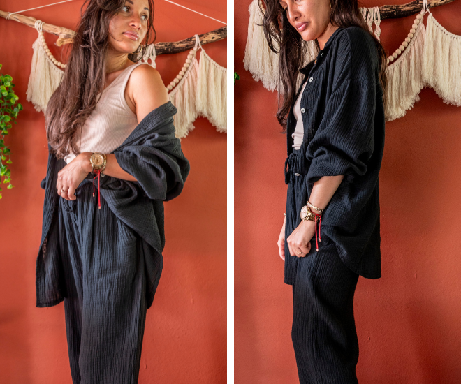 Ensemble pantalon gaze de coton noir LEONIE