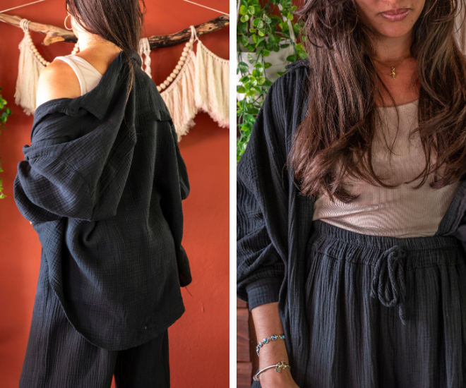 Ensemble pantalon gaze de coton noir LEONIE