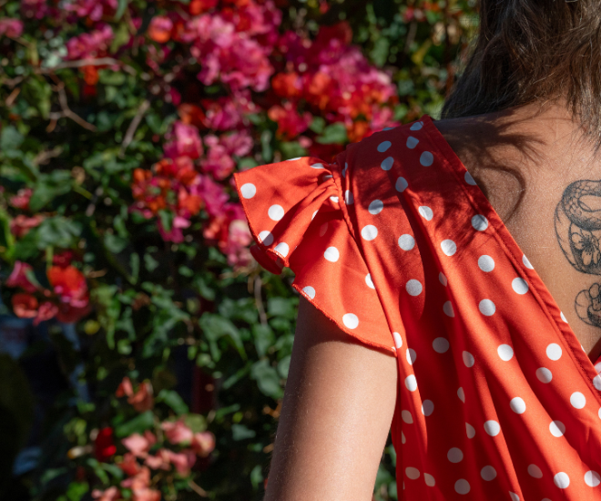 Ensemble top et jupe à pois orange CALYPSO