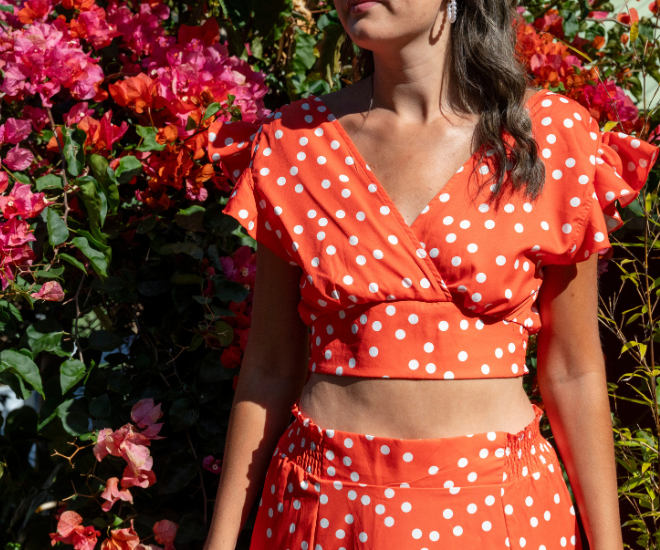 Ensemble top et jupe à pois orange CALYPSO