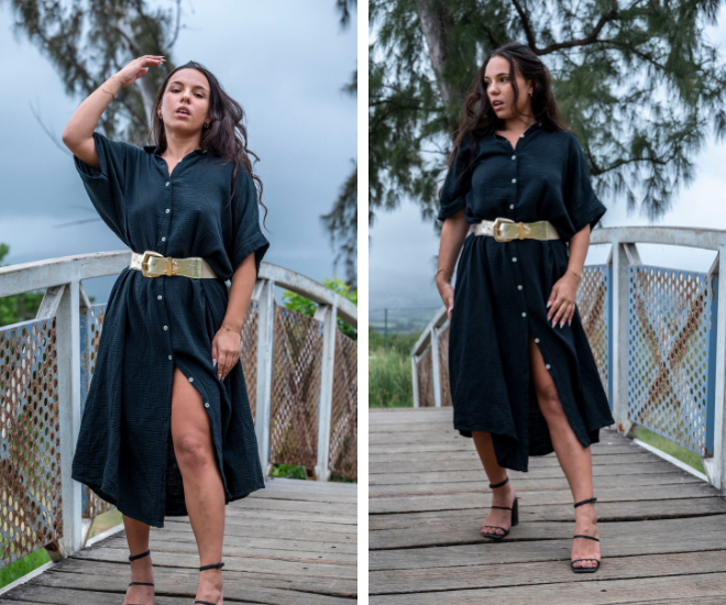 Robe longue gaze de coton noire MILA