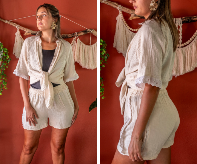 Ensemble short gaze de coton écru ELISE