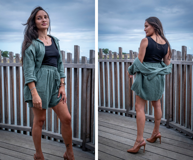 Ensemble short chemise gaze de coton kaki AYDA