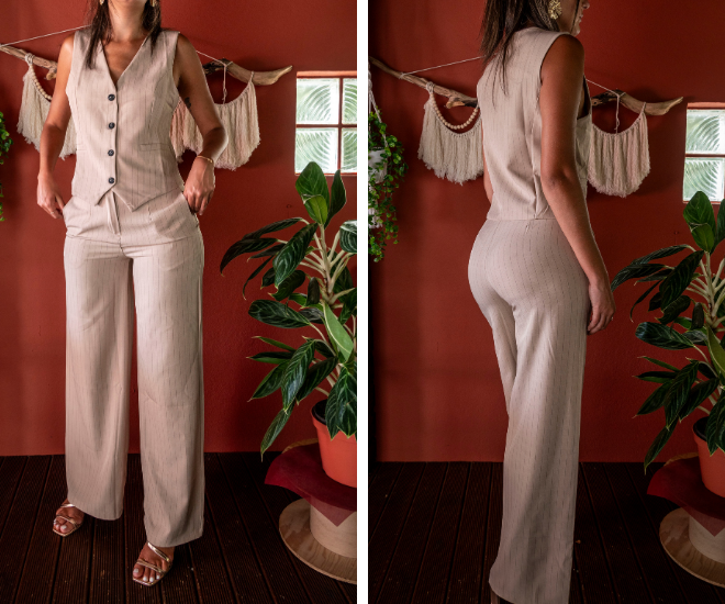 Ensemble costume gilet pantalon à rayures beige ELENA