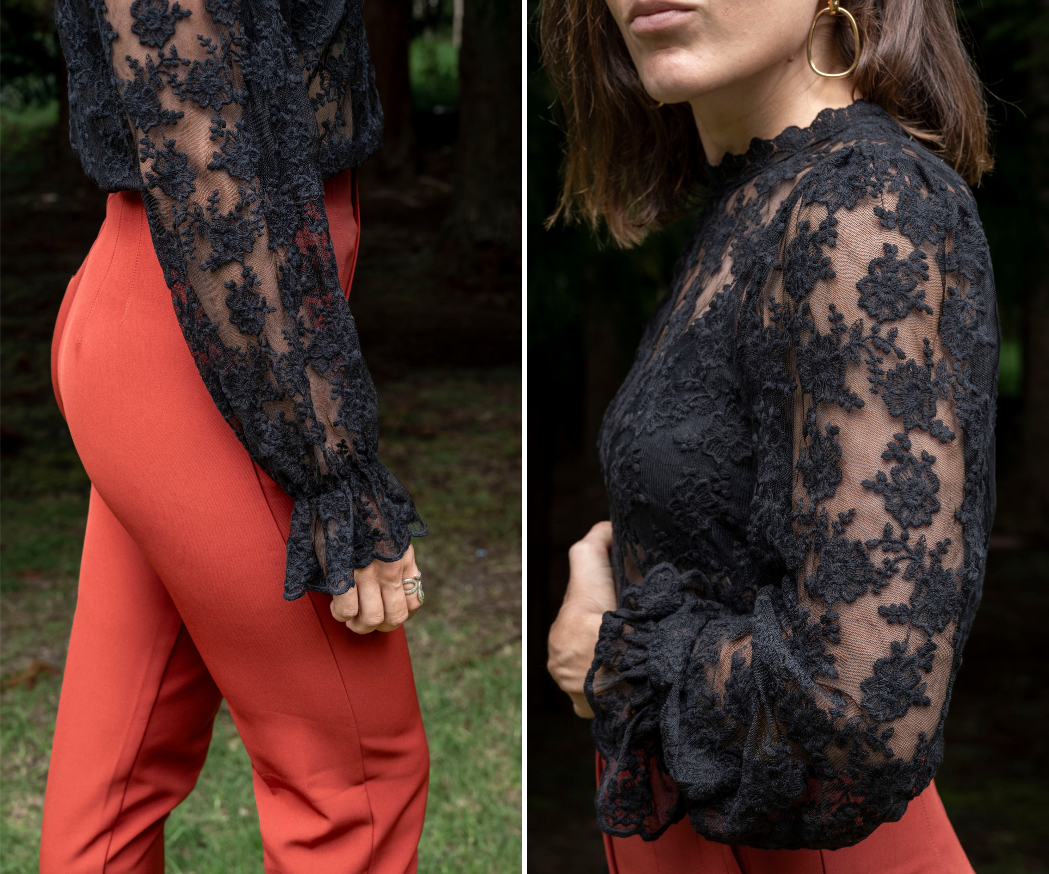 Blouse noire transparente à dentelle manche froncé 