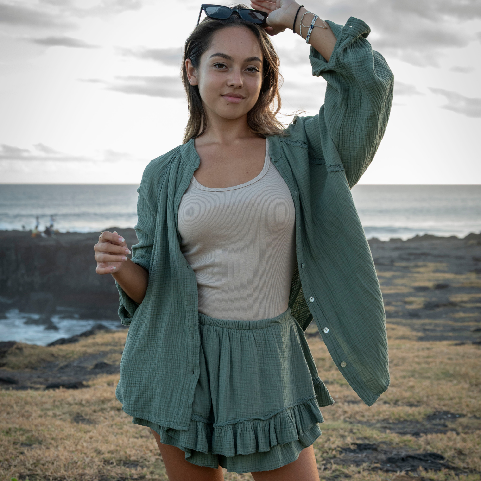 Jupe-short gaze de coton kaki SOHAN