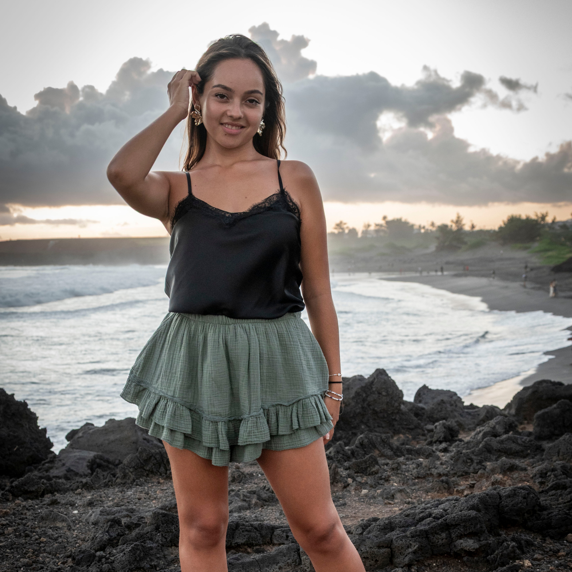 Jupe-short gaze de coton kaki SOHAN