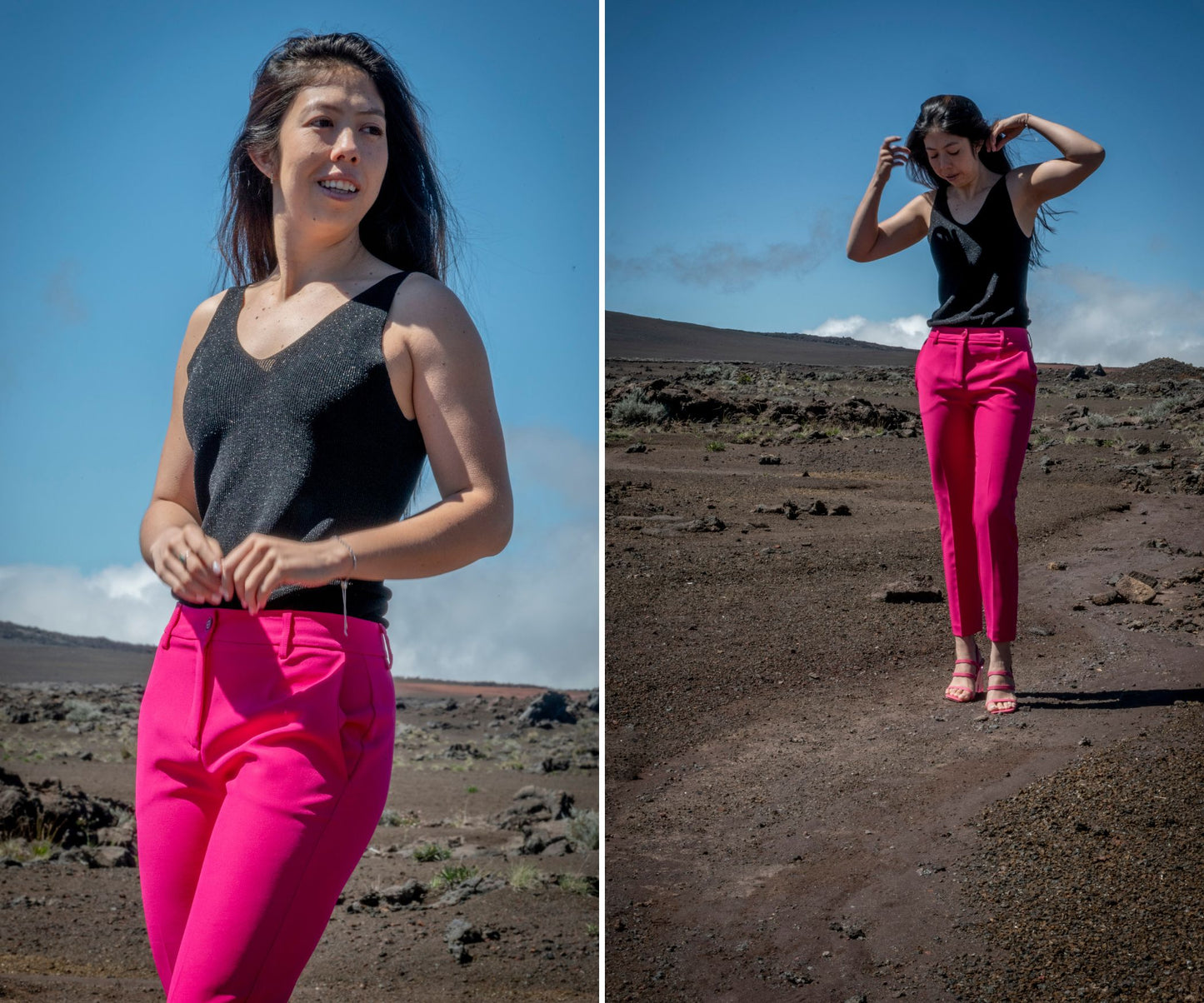 Look femme avec pantalon coupe classique rose porté avec top noir élégant