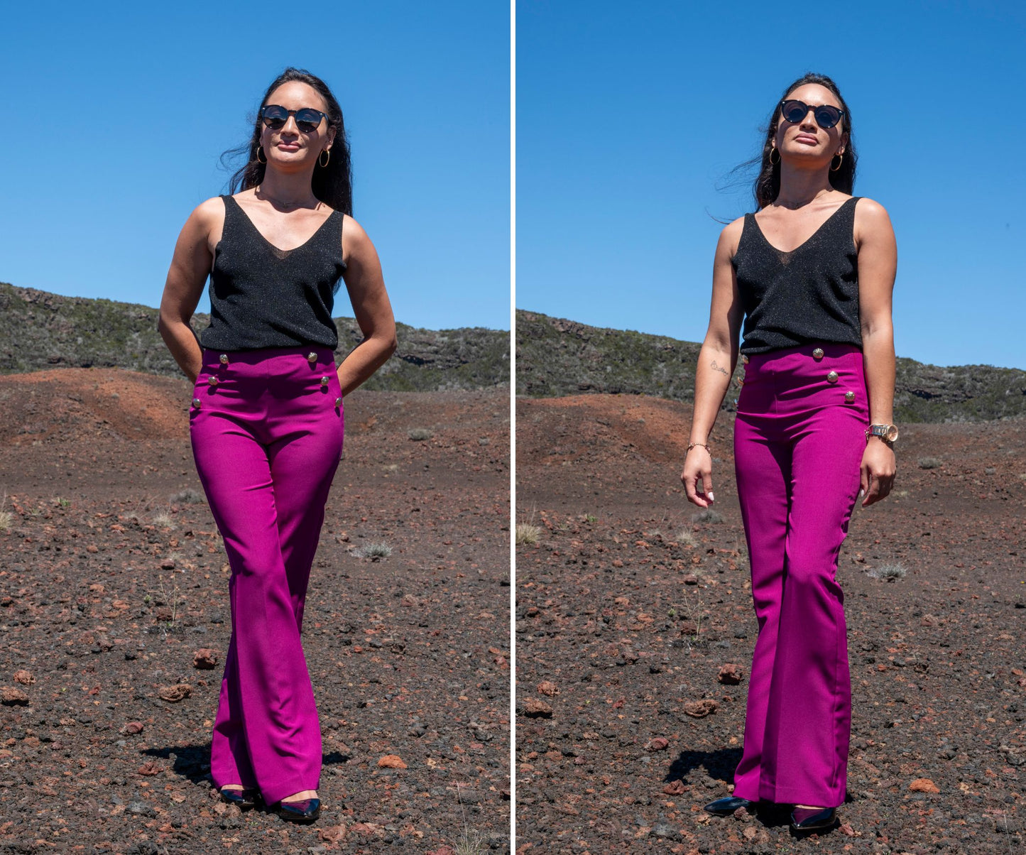 Pantalon femme taille haute bas évasé couleur fuchsia au volcan 974