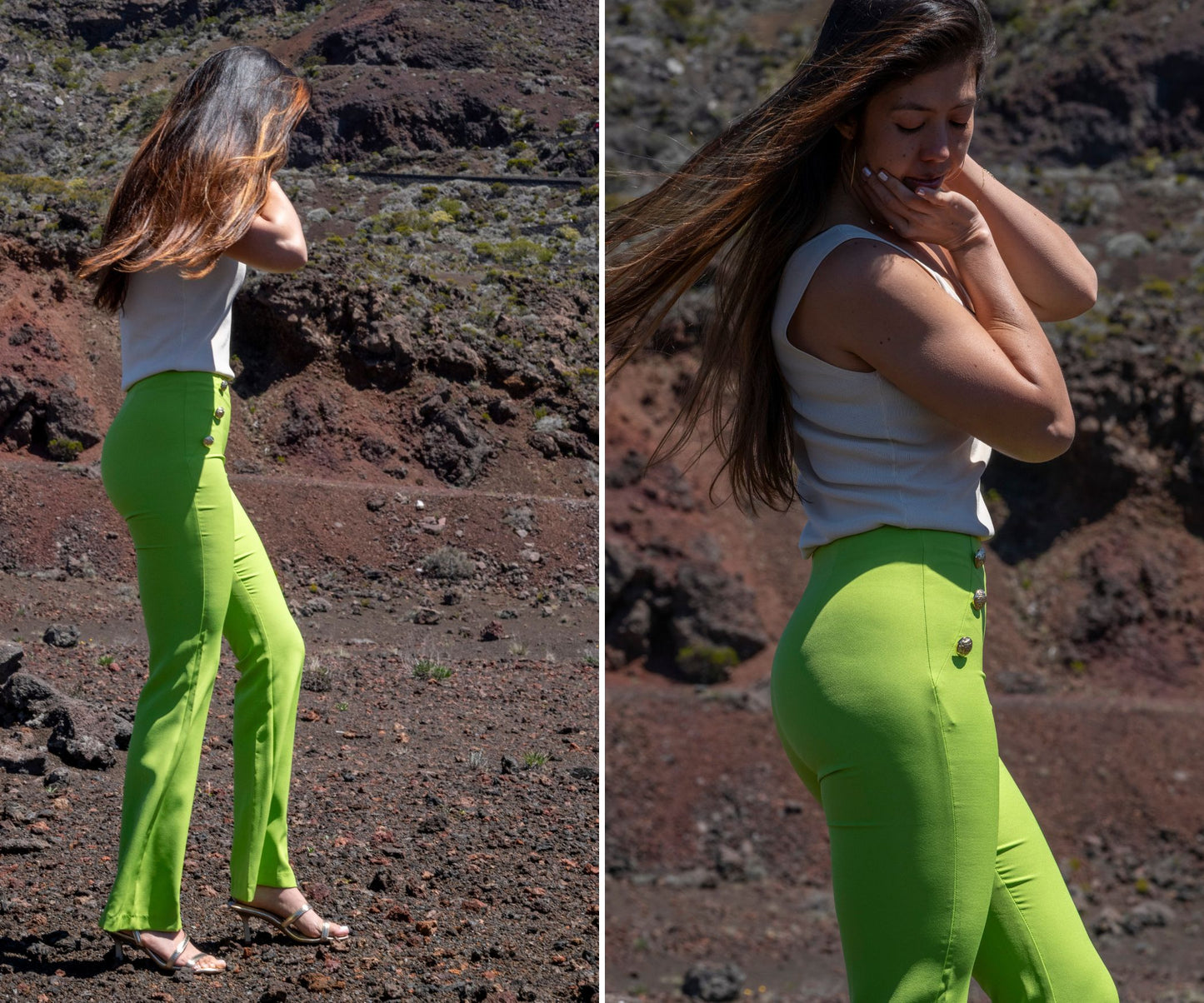 Pantalon femme vert taille haute avec bas évasé et faux boutons au niveau de la taille