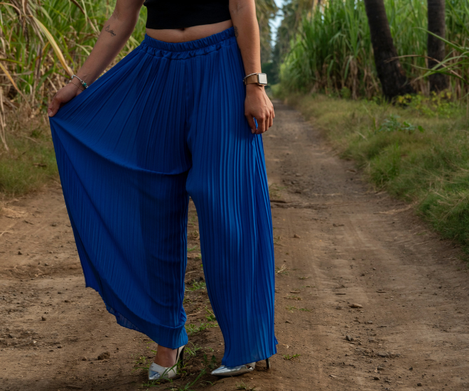 Tendance plissé pantalon bleu pour femme 