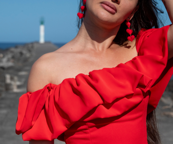 Robe rouge col Bardot VALENTINA