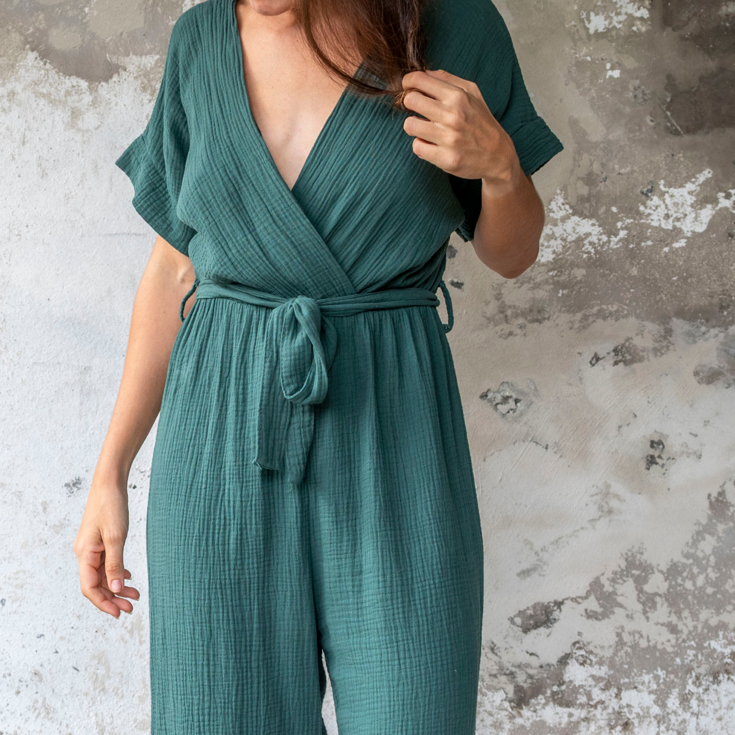 Combinaison pantalon gaze de coton vert sapin GAÏA