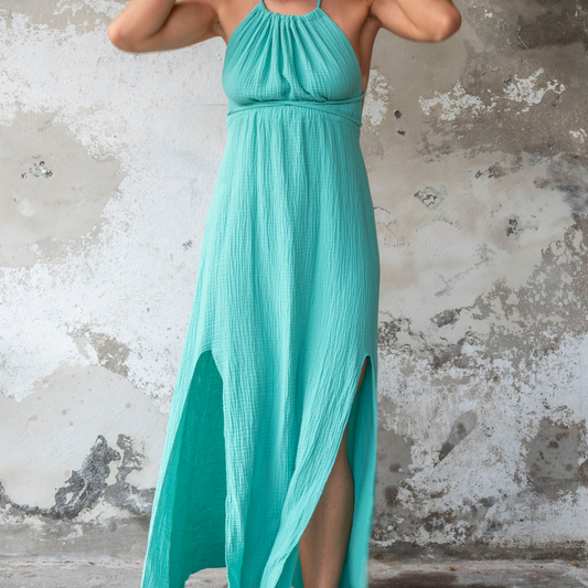Robe longue à lacets gaze de coton vert d'eau CHARLIE