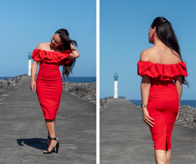 Robe rouge col Bardot VALENTINA