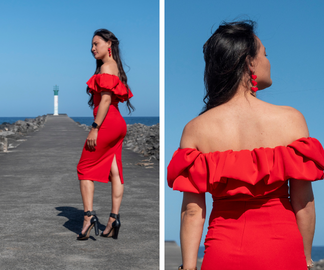 Robe rouge col Bardot VALENTINA